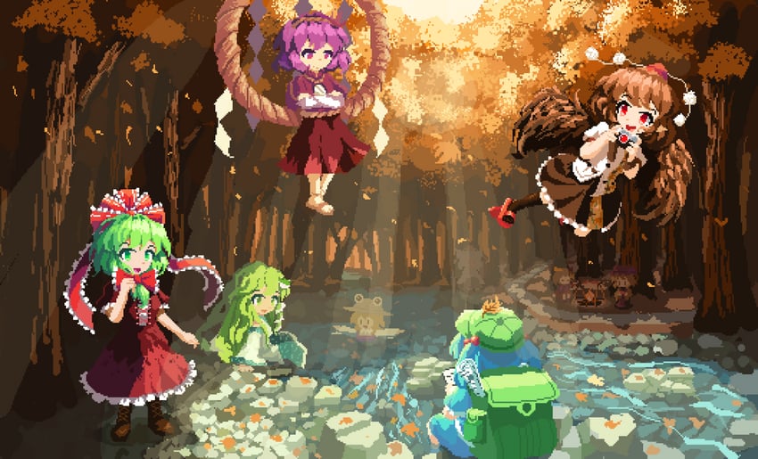 kochiya sanae, shameimaru aya, inubashiri momiji, moriya suwako, kawashiro nitori, and 4 more (touhou and 1 more) drawn by 02charaice20