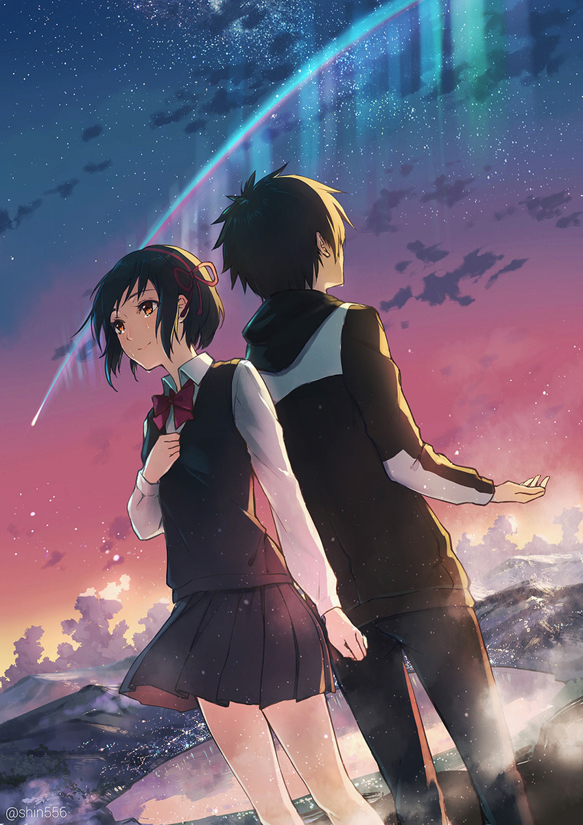 miyamizu mitsuha and tachibana taki (kimi no na wa.) drawn by kamon_(shinshin)