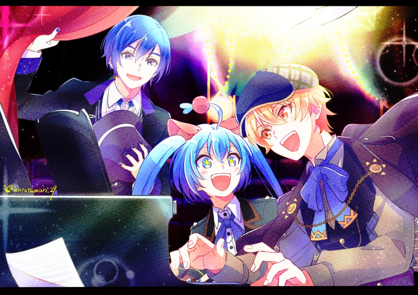 hatsune miku, kaito, tenma tsukasa, wonderlands x showtime miku, and wonderlands x showtime kaito (vocaloid and 1 more) drawn by katatumuri_29