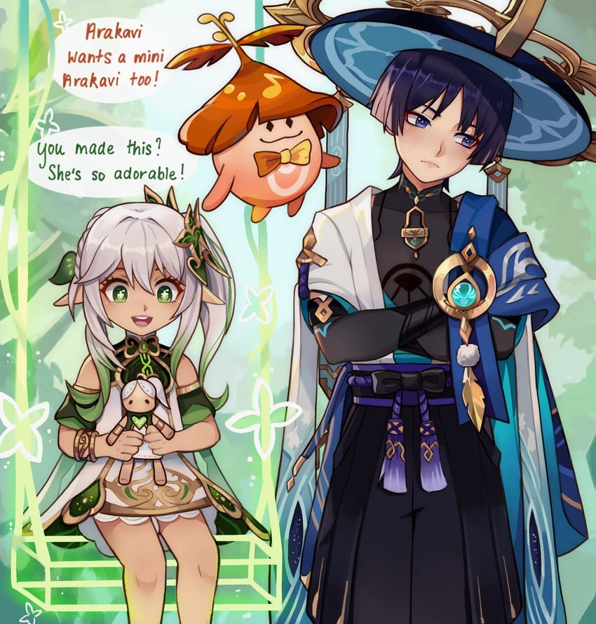 scaramouche, nahida, wanderer, aranara, and arakavi (genshin impact) drawn by angryoats
