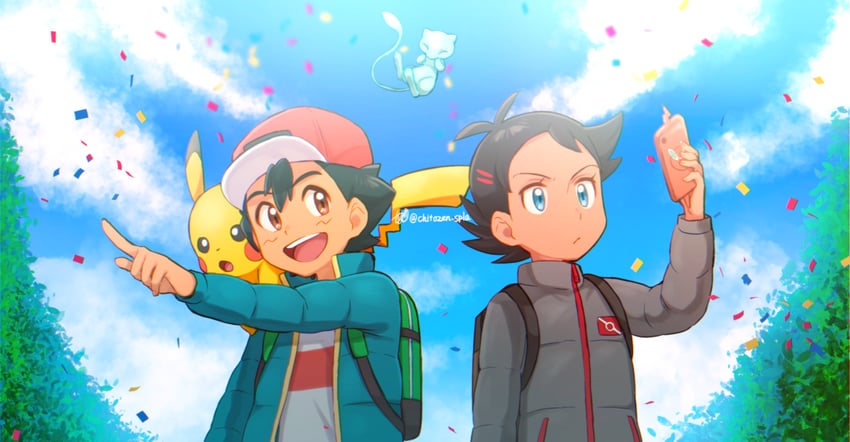 pikachu, ash ketchum, mew, and goh (pokemon and 1 more) drawn by chitozen_(pri_zen)