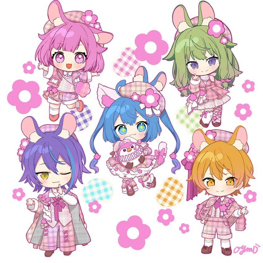 hatsune miku, ootori emu, tenma tsukasa, kusanagi nene, kamishiro rui, and 1 more (vocaloid and 1 more) drawn by oyamada_gamata