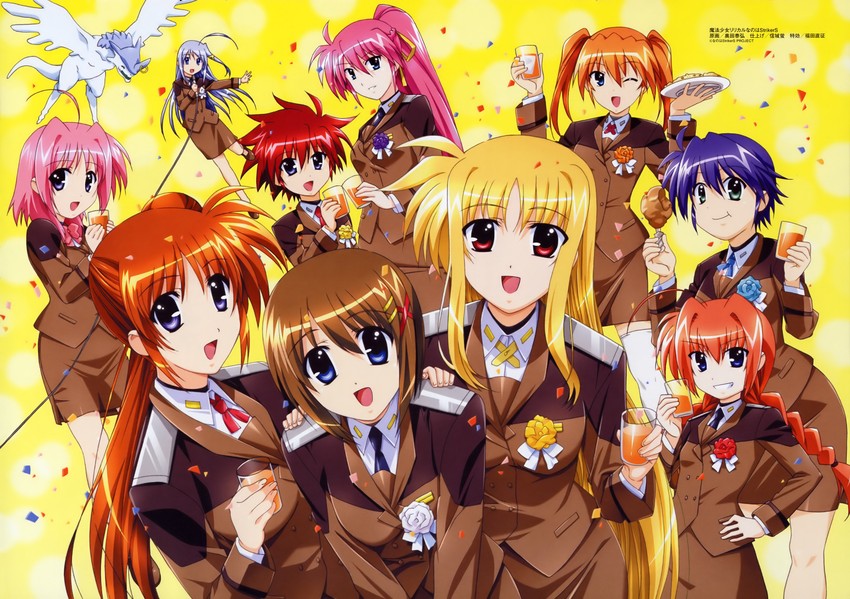 fate testarossa, takamachi nanoha, yagami hayate, vita, signum, and 6 more (lyrical nanoha and 1 more) drawn by okuda_yasuhiro