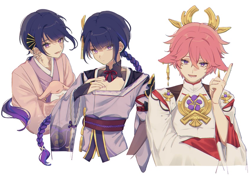 raiden shogun, yae miko, and makoto (genshin impact) drawn by nekoshin_kagari