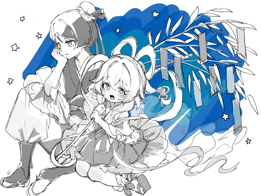 scaramouche, nahida, orihime, and hikoboshi (genshin impact and 1 more) drawn by kingyo_(nyankomanjyuu15)