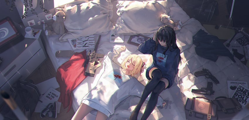 nishikigi chisato and inoue takina (lycoris recoil) drawn by q_pulan