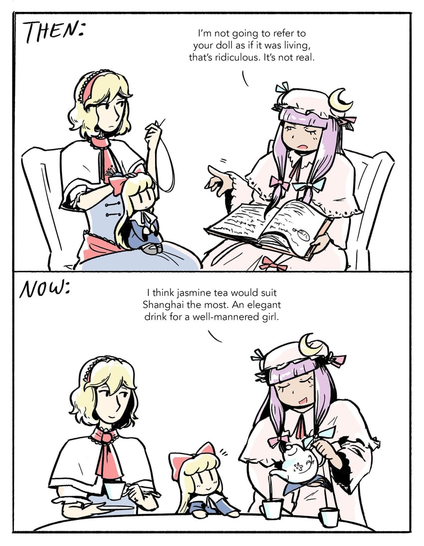 alice margatroid, patchouli knowledge, and shanghai doll (touhou) drawn by siliconcat