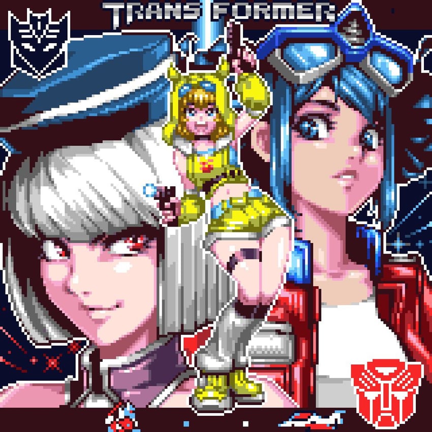 optimus prime, megatron, and bumblebee (transformers and 1 more) drawn by e2mou