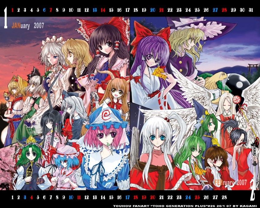 hakurei reimu, kirisame marisa, remilia scarlet, izayoi sakuya, konpaku youmu, and 14 more (touhou) drawn by kagami_(artist)