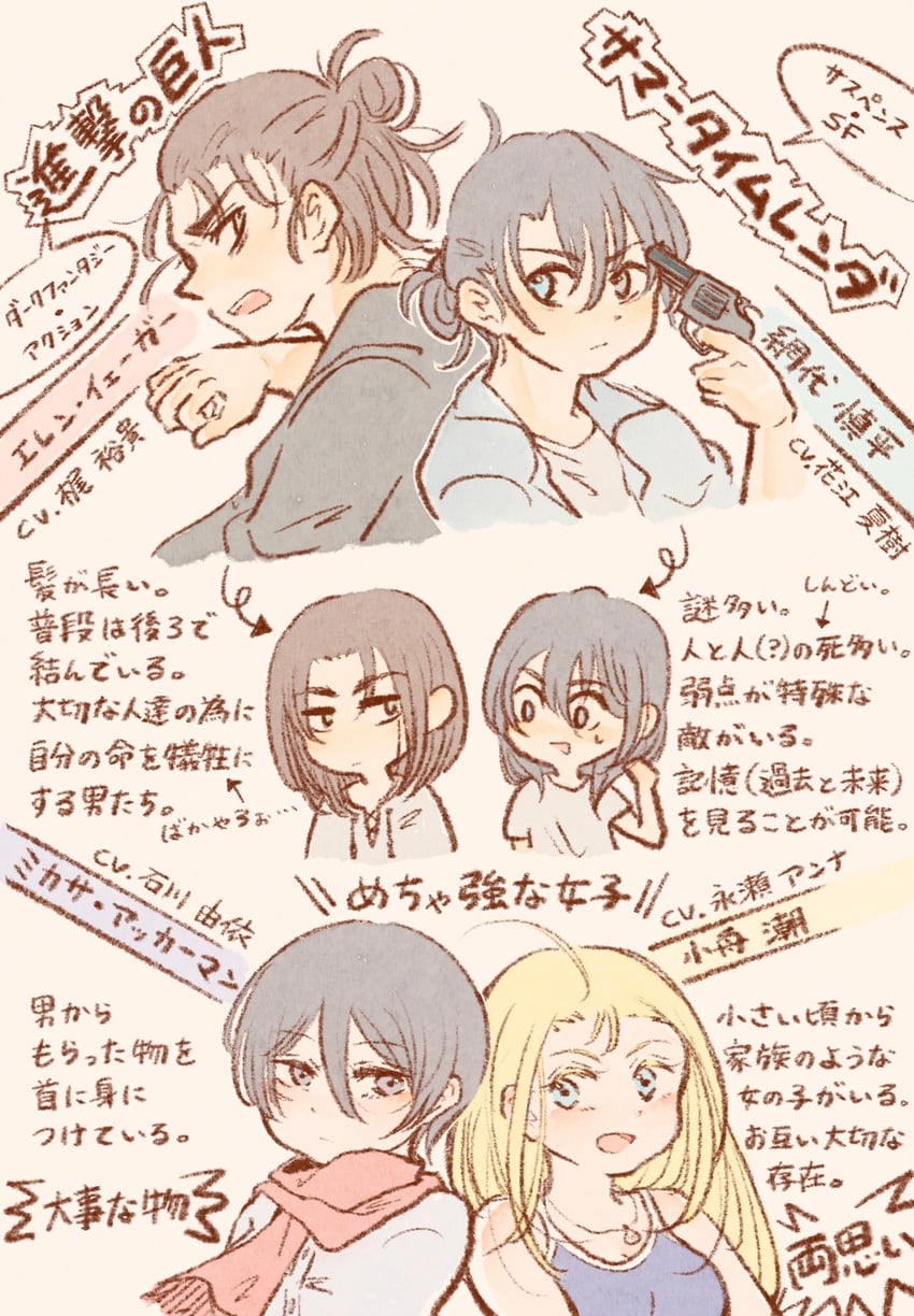 mikasa ackerman, eren yeager, kofune ushio, and ajiro shinpei (shingeki no kyojin and 1 more) drawn by ma_me_129
