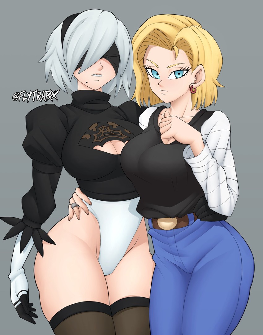2b and android 18 (dragon ball and 3 more) drawn by flytrapxx