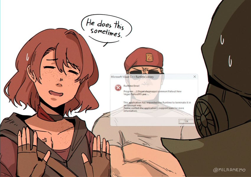 courier, noelle rutherford, craig boone, and ncr veteran ranger (fallout and 1 more) drawn by milramemo