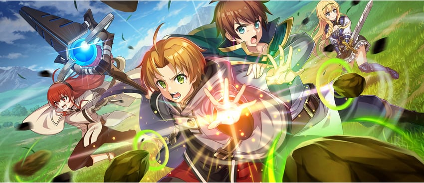 satou kazuma, eris greyrat, rudeus greyrat, and iris (kono subarashii sekai ni shukufuku wo! and 2 more)