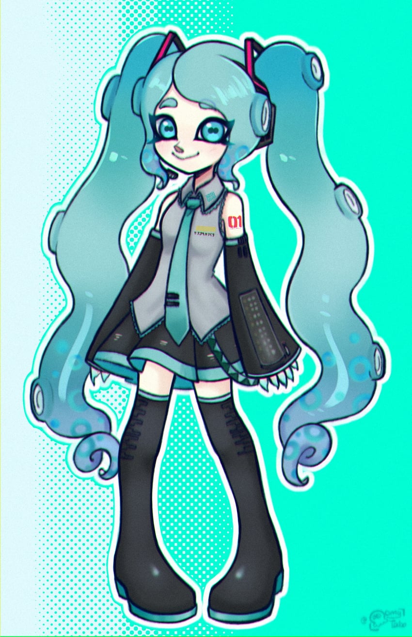 hatsune miku, octoling player character, and octoling girl (vocaloid and 1 more) drawn by oomy_tako