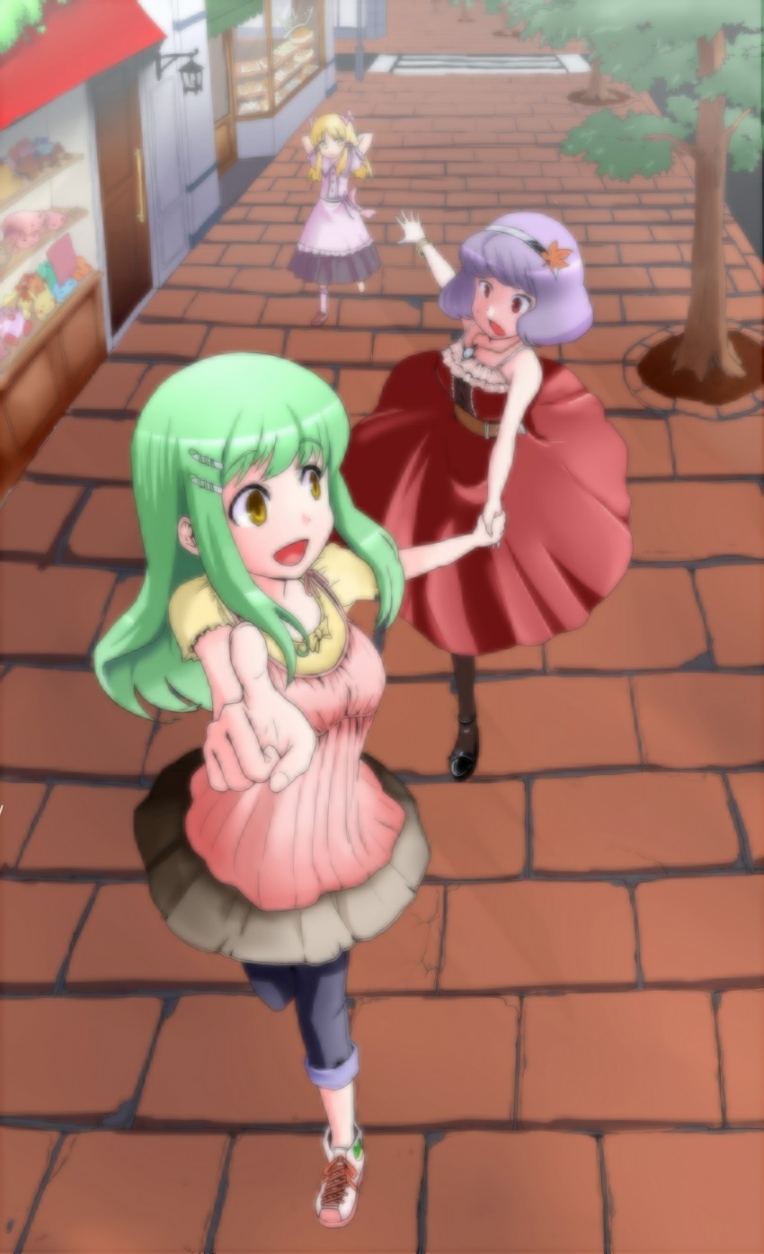 kochiya sanae, moriya suwako, pikachu, yasaka kanako, kirby, and 5 more (touhou and 2 more) drawn by clere
