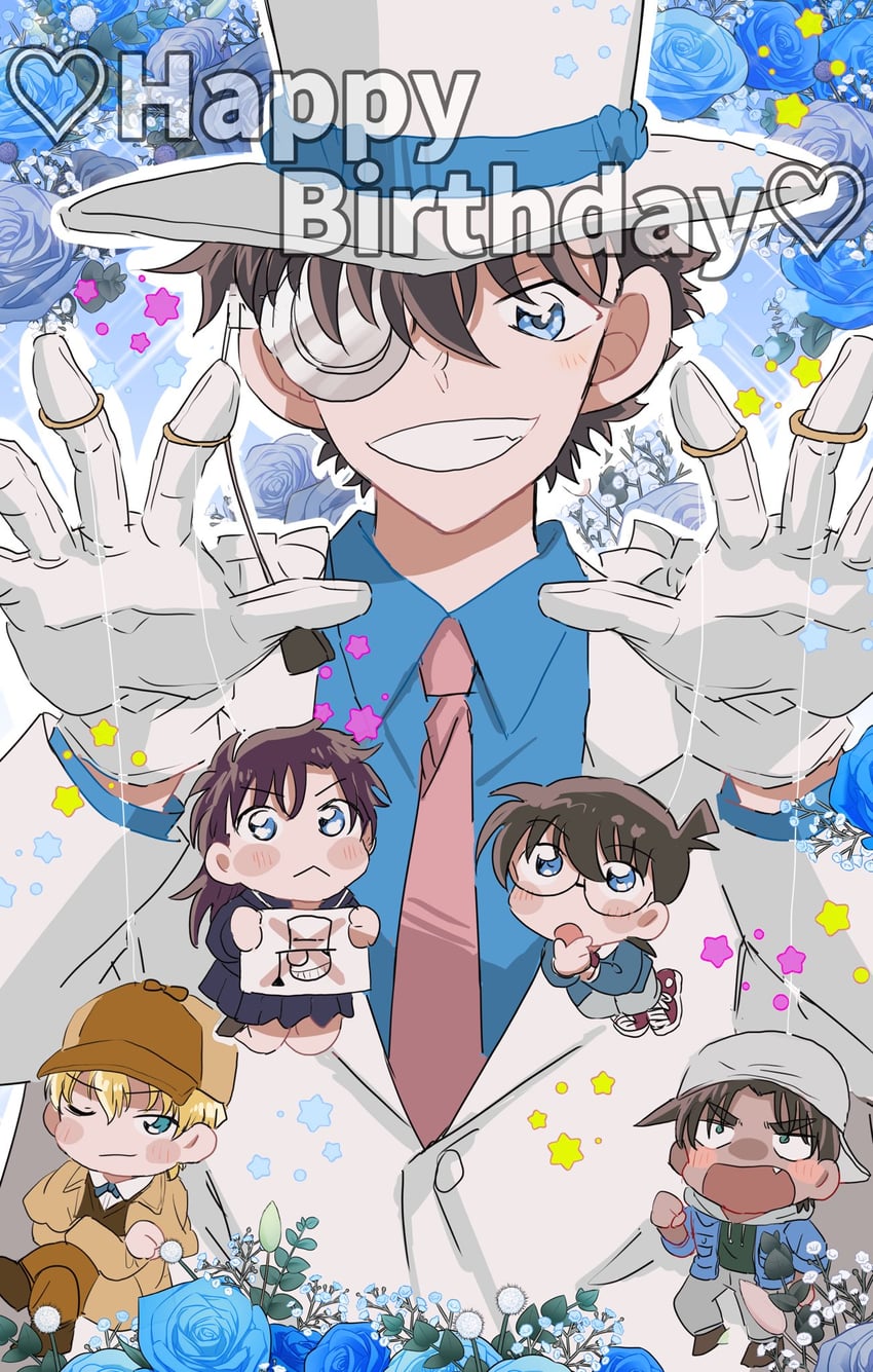 edogawa conan, kaitou kid, kuroba kaito, nakamori aoko, hattori heiji, and 1 more (meitantei conan and 1 more) drawn by beeemaru02