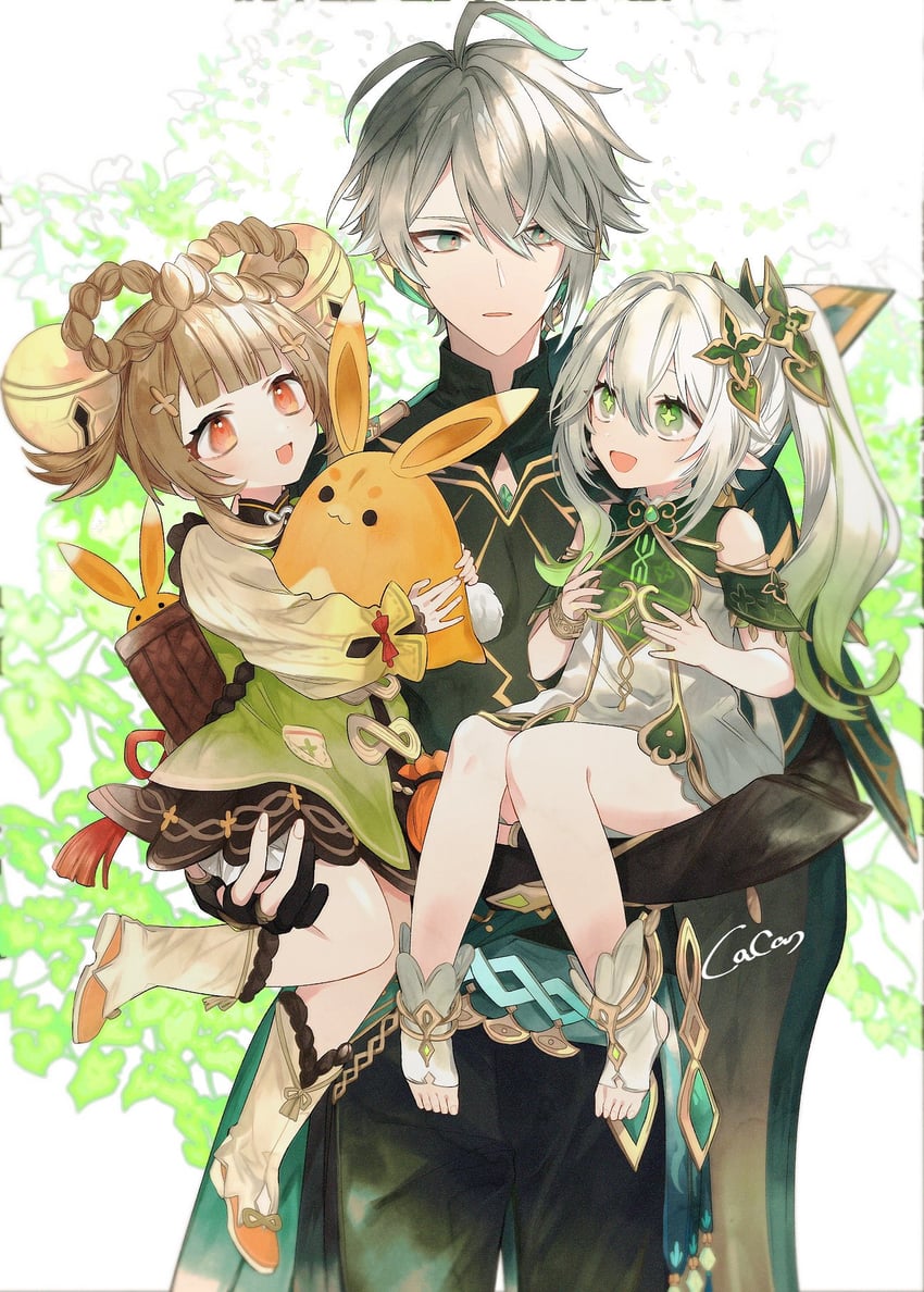 nahida, alhaitham, yaoyao, and yuegui (genshin impact) drawn by cacao_(chocotto)