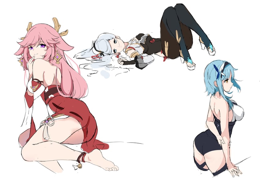 yae miko, shenhe, and eula (genshin impact) drawn by shixuexiao