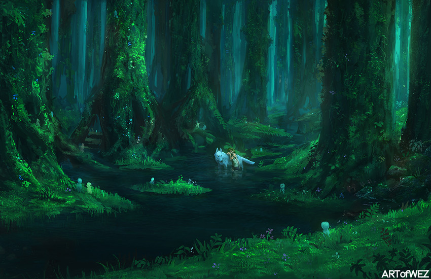 san, kodama, and moro (mononoke hime) drawn by w-e-z