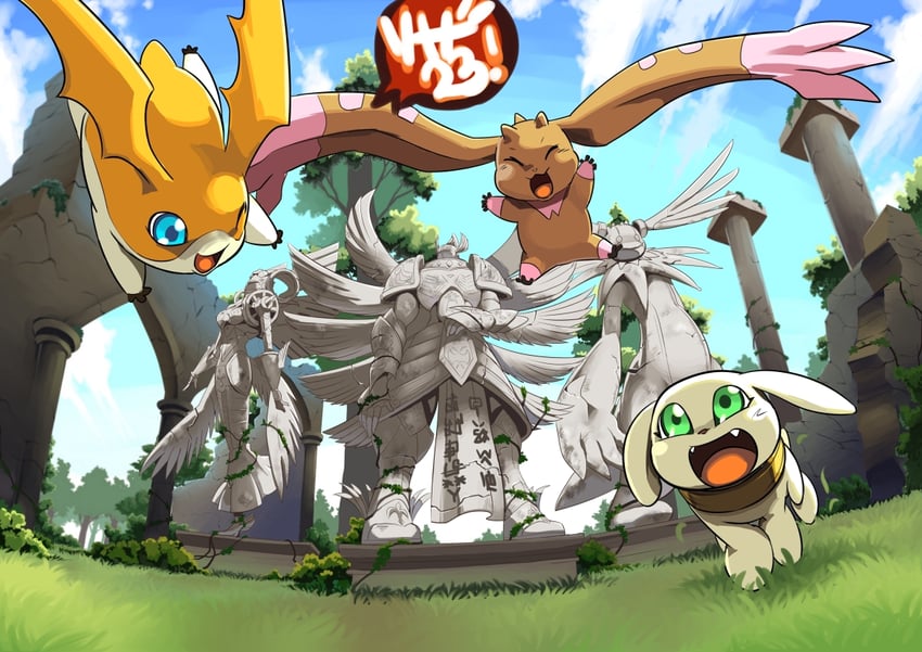 patamon, lopmon, plotmon, ofanimon, seraphimon, and 1 more (digimon) drawn by riza23