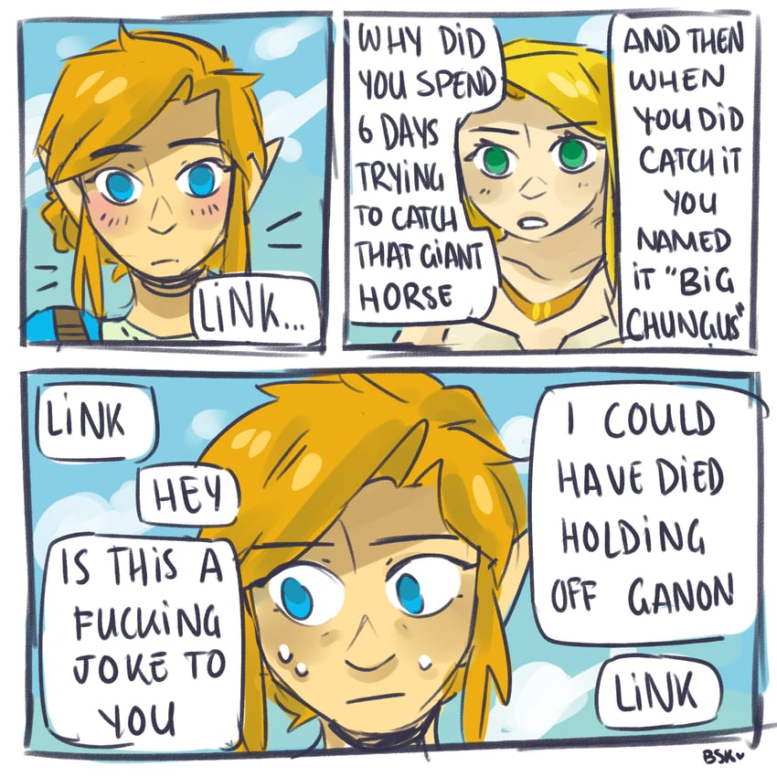 link and princess zelda (the legend of zelda and 1 more) drawn by blueskittles