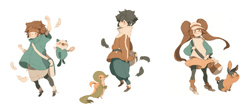 rosa, oshawott, snivy, tepig, nate, and 1 more (pokemon and 1 more) drawn by luce-in-the-sky