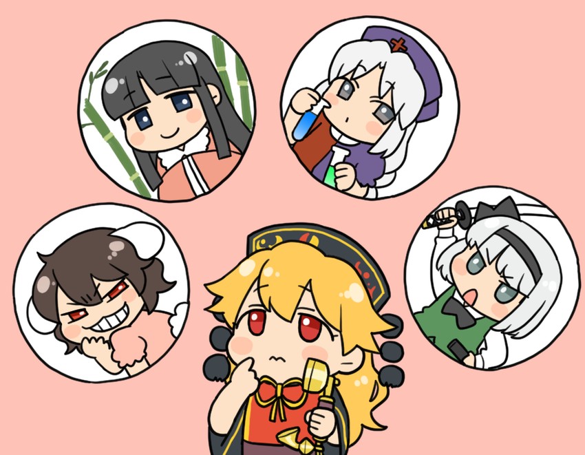 konpaku youmu, houraisan kaguya, inaba tewi, yagokoro eirin, and junko (touhou) drawn by koyama_shigeru