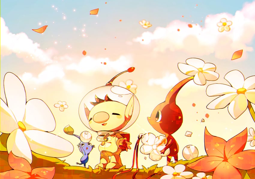 red pikmin, olimar, and blue pikmin (pikmin) drawn by shirushiki