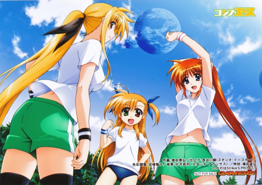 fate testarossa, takamachi nanoha, and vivio (lyrical nanoha and 1 more) drawn by okuda_yasuhiro