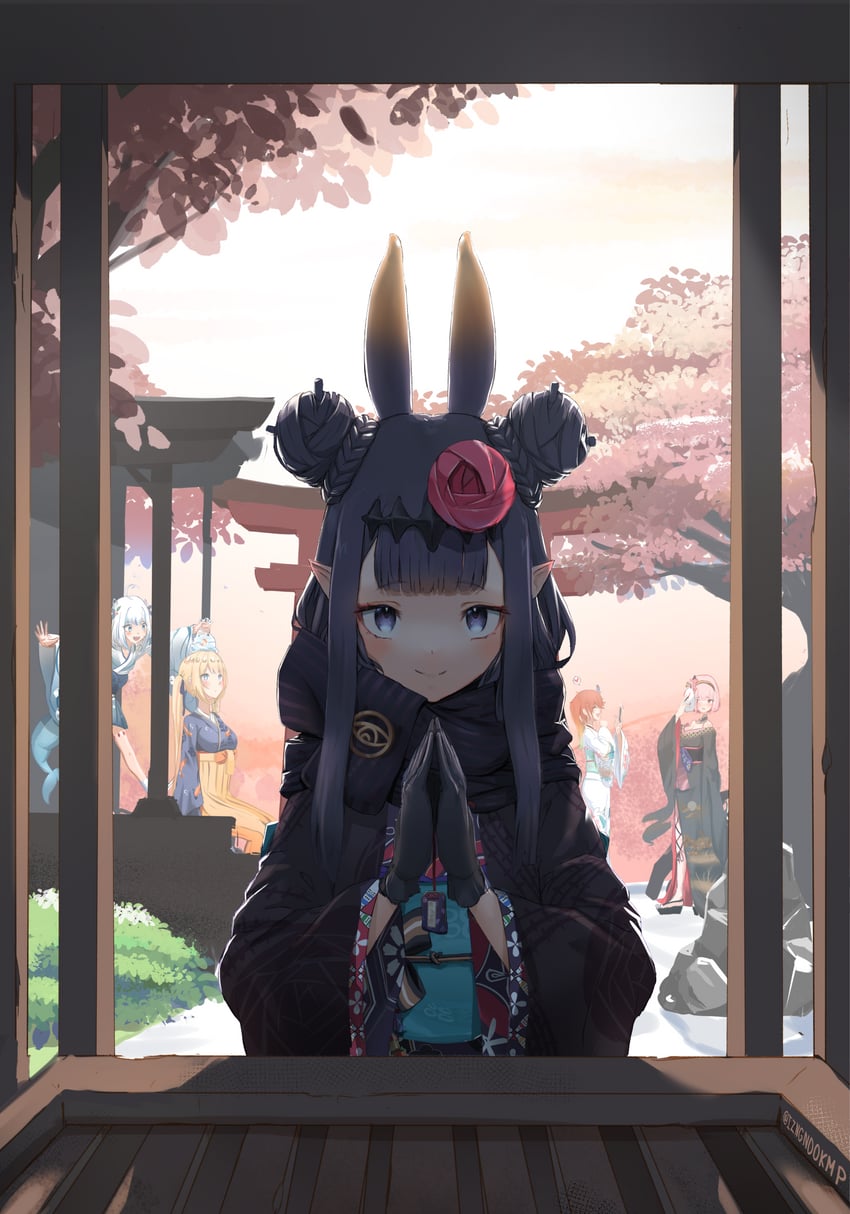 gawr gura, mori calliope, ninomae ina'nis, takanashi kiara, watson amelia, and 1 more (hololive and 1 more) drawn by izanagi_no_ookami_p.