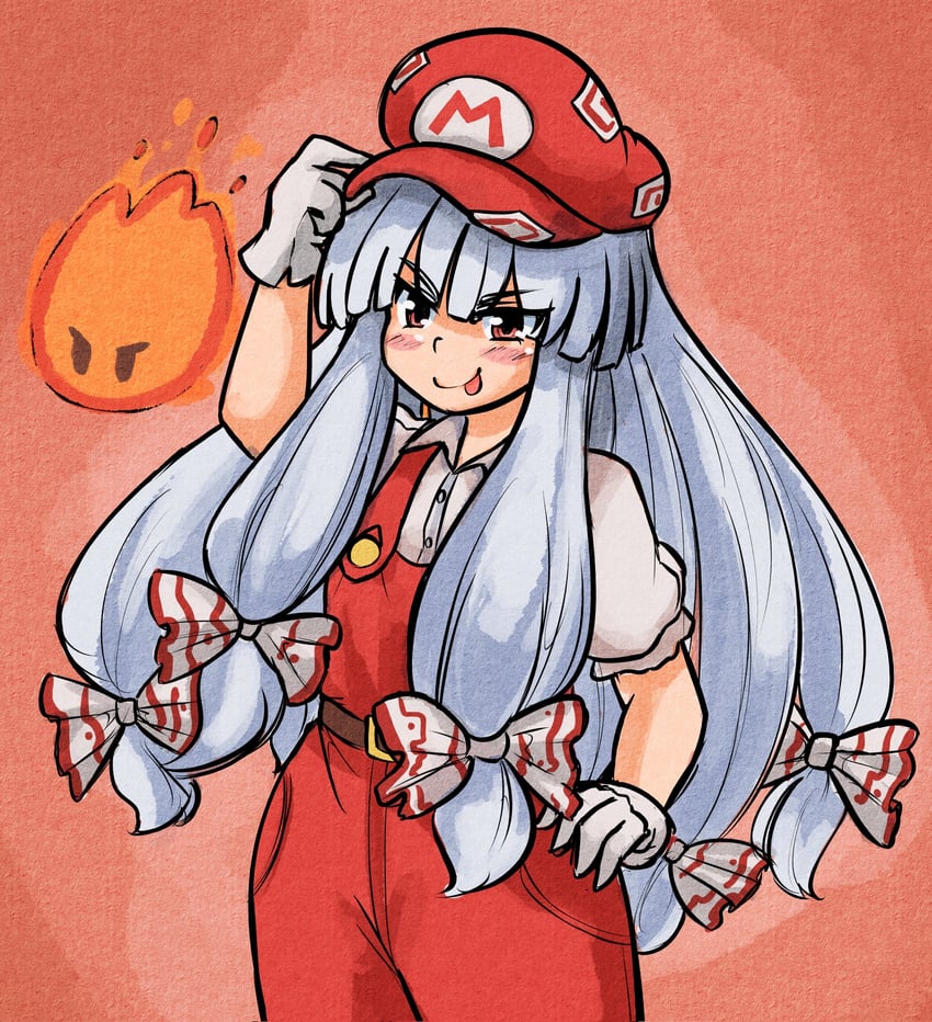 fujiwara no mokou, mario, and fire mario (touhou and 1 more) drawn by mcsquiddies