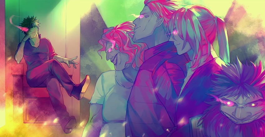 steve leonard, gannen harst, glalda, murlough, and reggie veggie (the saga of darren shan) drawn by hatsune_(leaden_heart07)