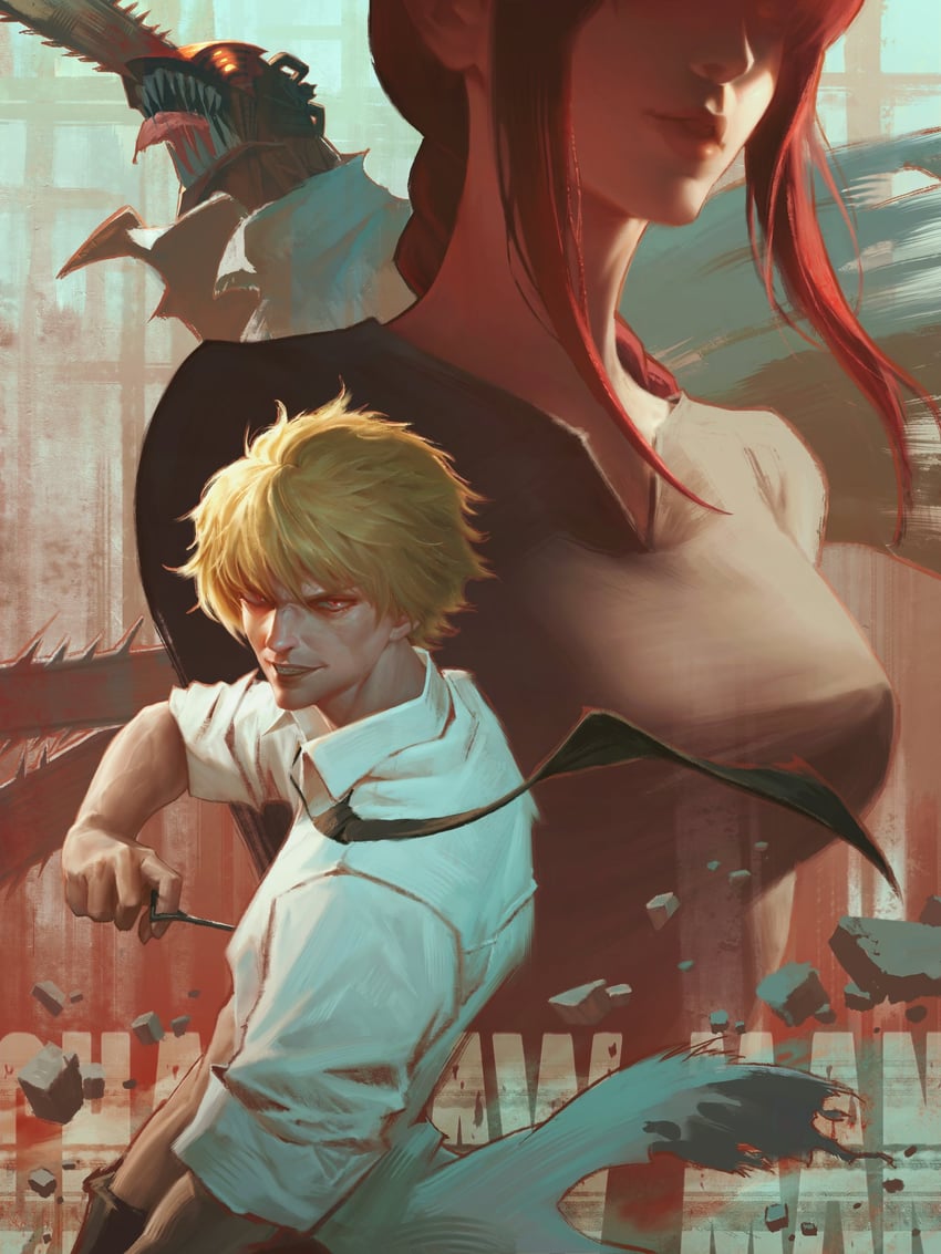 makima, denji, and chainsaw devil (chainsaw man) drawn by arif_wijaya