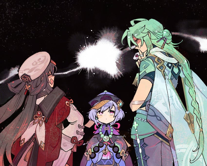 qiqi, hu tao, baizhu, and changsheng (genshin impact) drawn by nears
