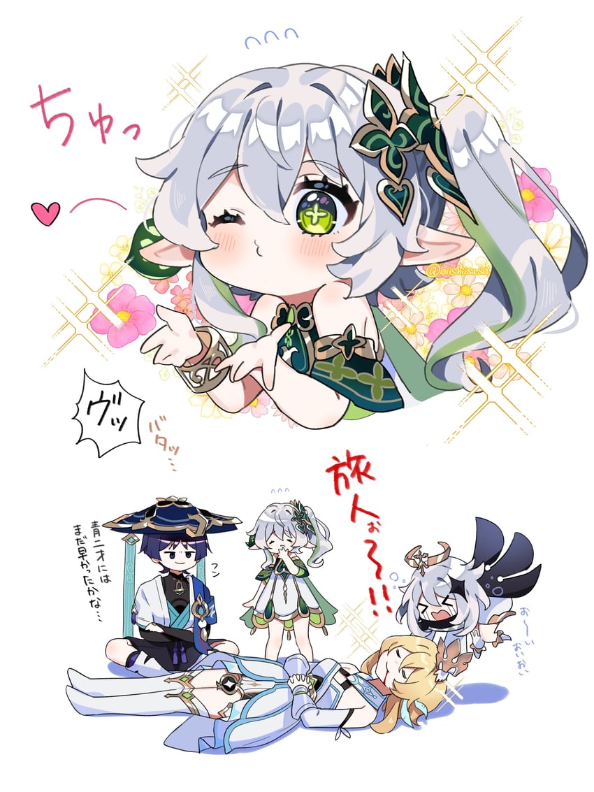 lumine, scaramouche, nahida, wanderer, and paimon (genshin impact) drawn by oishii_sasa