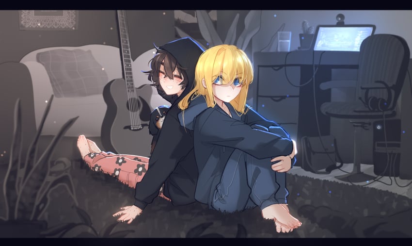 sophie, erika, and sophie's dog (original) drawn by popopoka