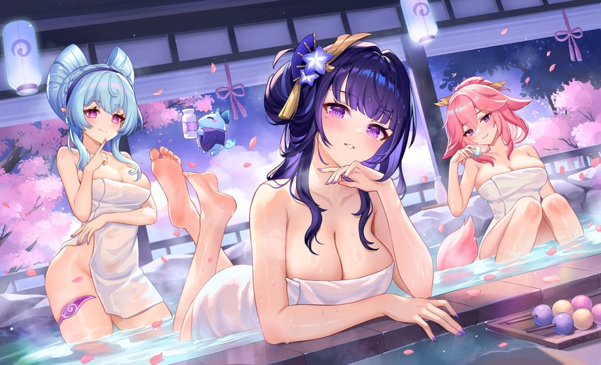 raiden shogun, yae miko, and yumemizuki mizuki (genshin impact) drawn by lalazyt