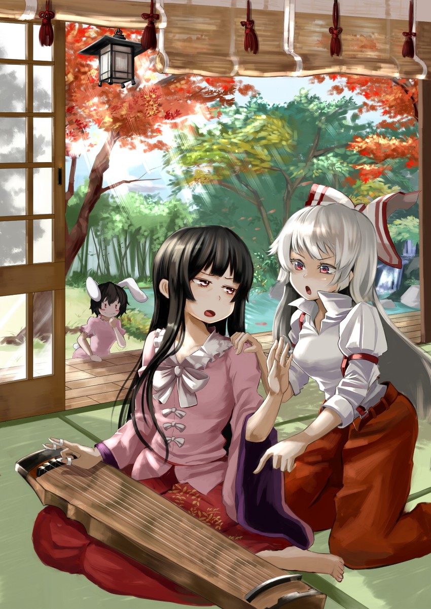 fujiwara no mokou, houraisan kaguya, and inaba tewi (touhou) drawn by emerane