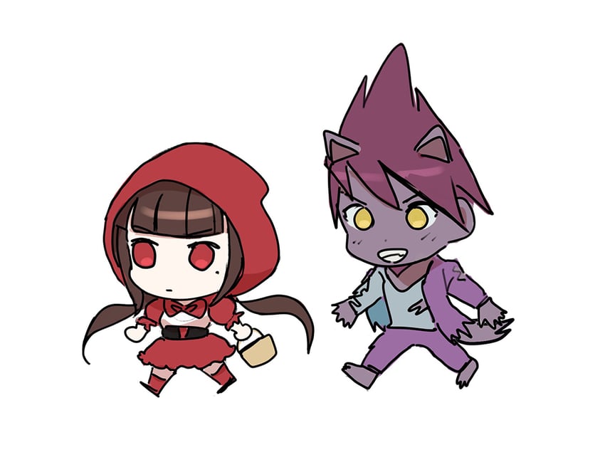 harukawa maki, little red riding hood, and momota kaito (danganronpa and 2 more) drawn by qosic