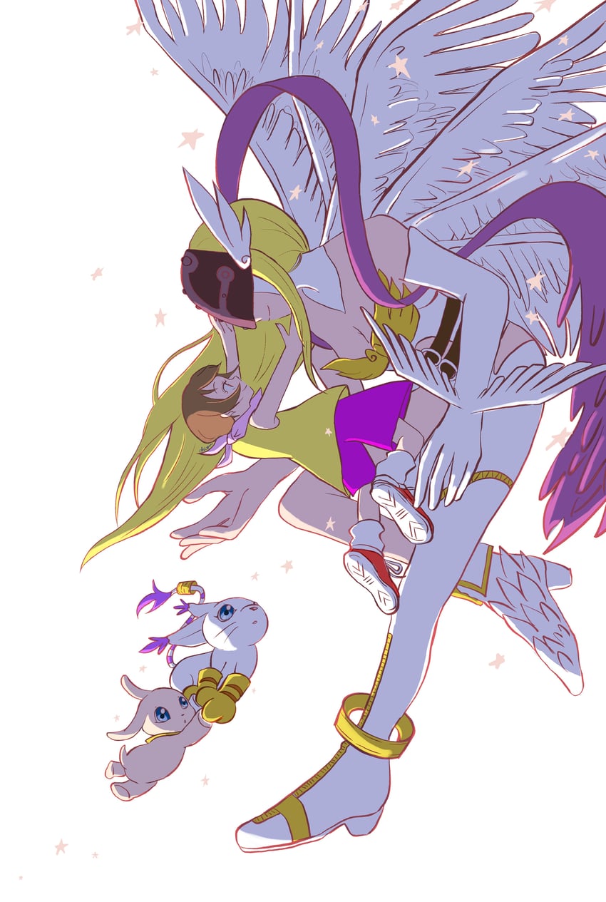 angewomon, yagami hikari, tailmon, and plotmon (digimon and 1 more) drawn by chiyu_(user_hrwu2257)