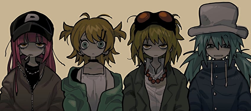 hatsune miku, kagamine rin, megurine luka, and gumi (vocaloid and 1 more) drawn by tonkatsu184
