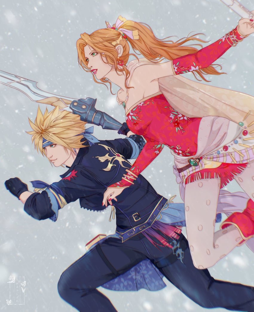 cloud strife, aerith gainsborough, terra branford, and locke cole (final fantasy and 3 more) drawn by shanlieart