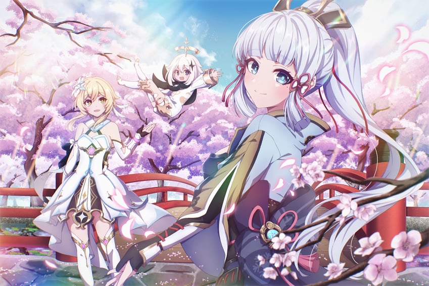 lumine, paimon, and kamisato ayaka (genshin impact) drawn by chinese_wolfberry