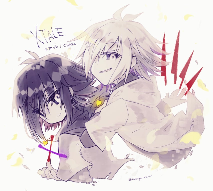 frisk and chara (original and 2 more) drawn by kasuga_haruhi