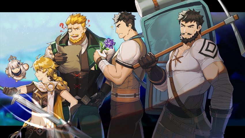 aether, paimon, wagner, cyrus, and smiley yanxiao (genshin impact) drawn by zhuganchangjiadan