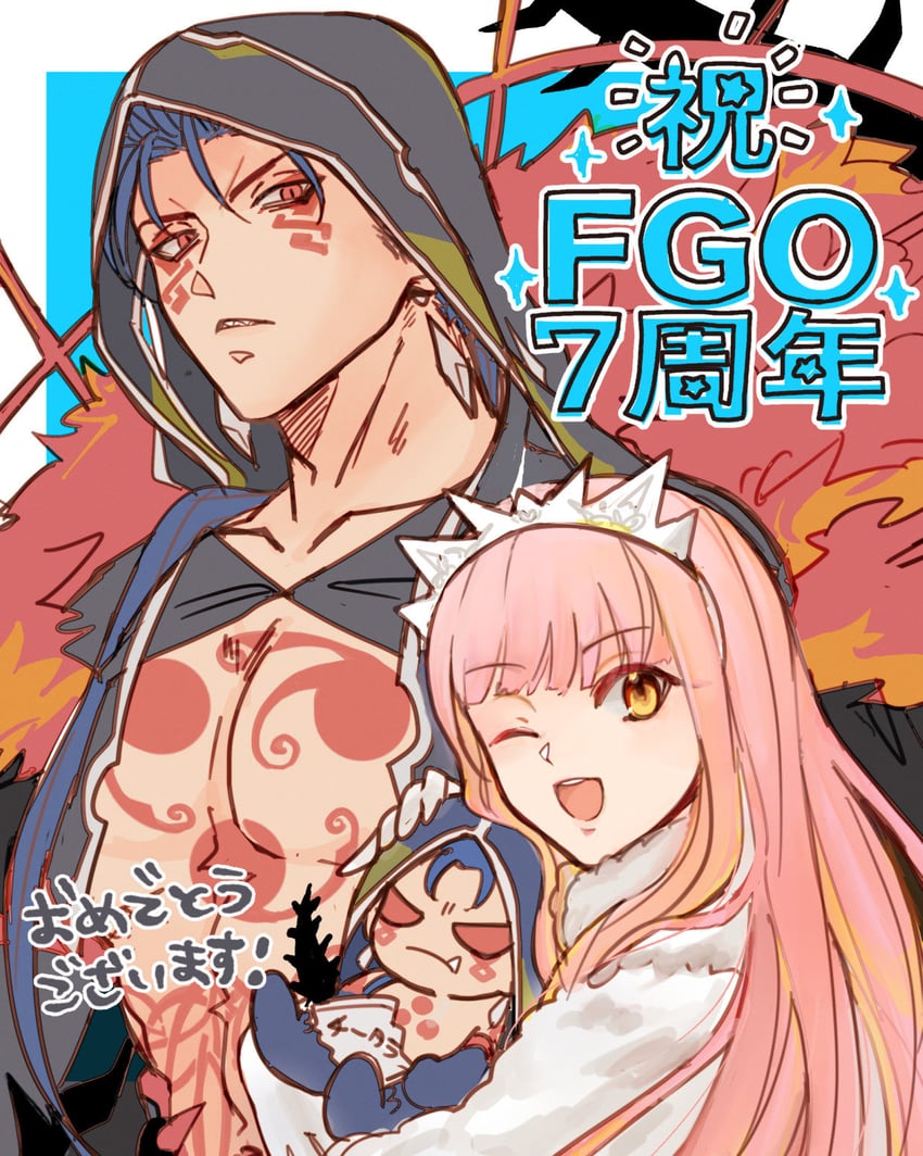 cu chulainn, medb, cu chulainn alter, and mini cu-chan (fate and 1 more) drawn by osoba_(smen29)