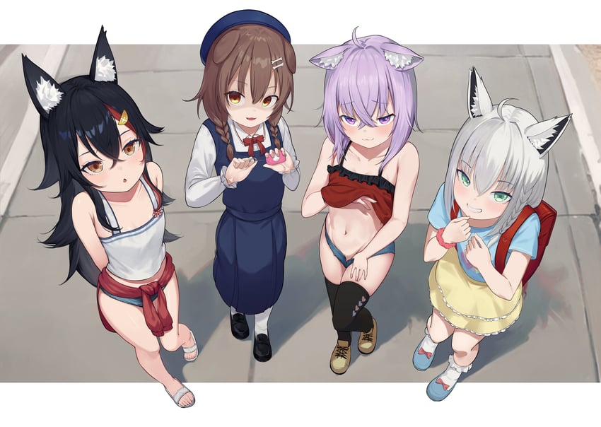 shirakami fubuki, nekomata okayu, ookami mio, and inugami korone (hololive) drawn by stoner08