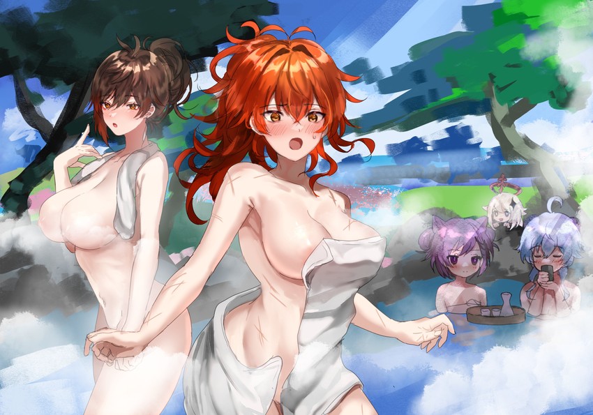 ganyu, zhongli, keqing, paimon, and diluc (genshin impact) drawn by hominamia