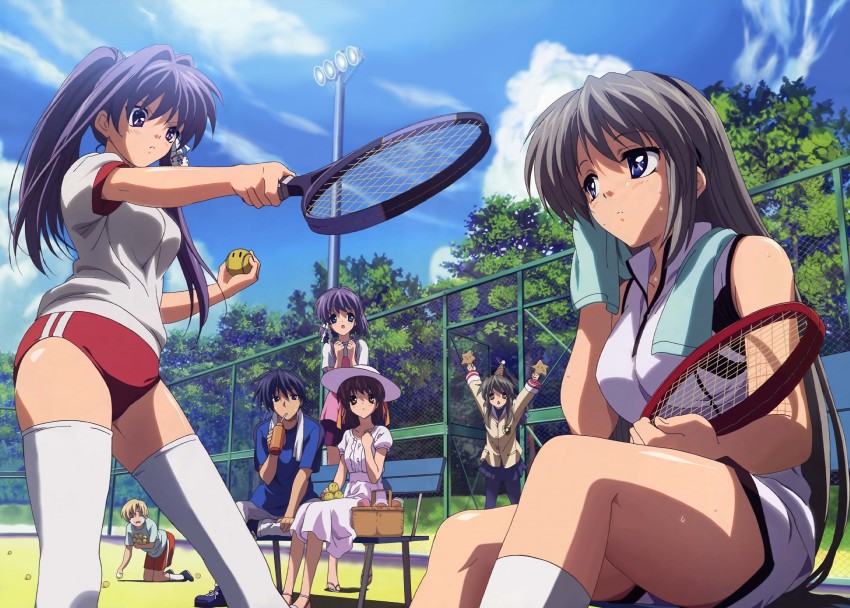 furukawa nagisa, fujibayashi kyou, ibuki fuuko, sakagami tomoyo, okazaki tomoya, and 2 more (clannad and 1 more) drawn by takahashi_mariko