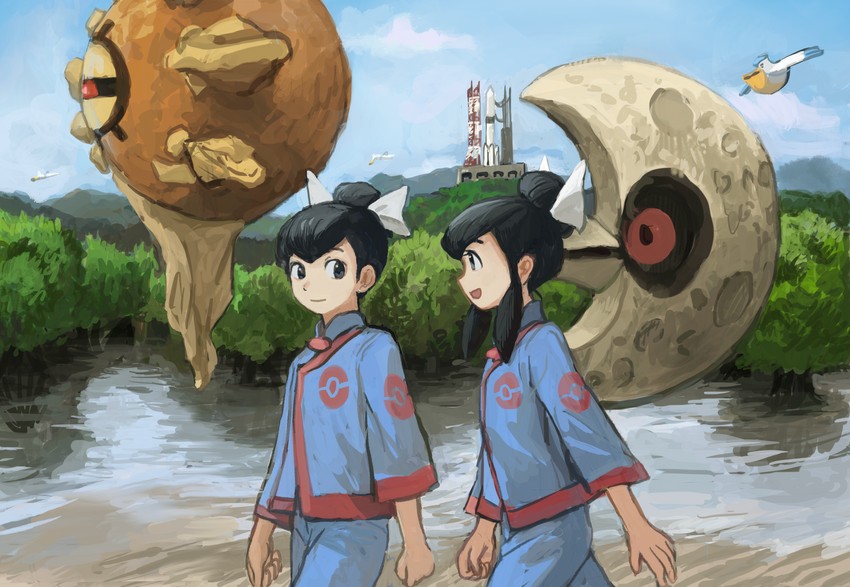 pelipper, lunatone, solrock, liza, and tate (pokemon and 1 more) drawn by minahamu